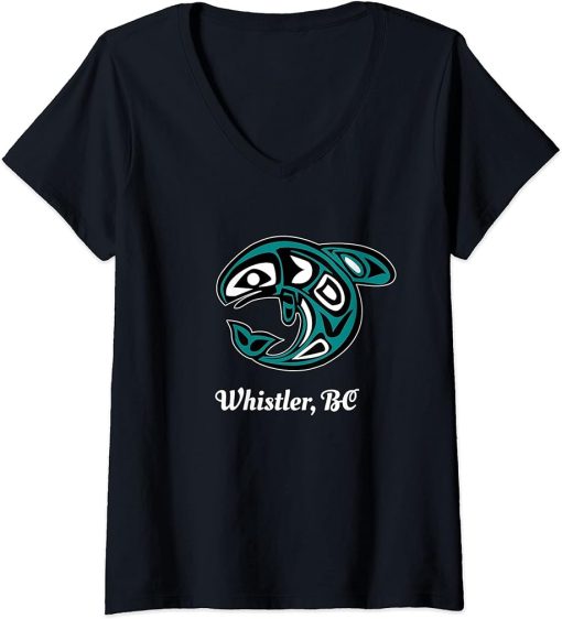 Womens Whistler British Columbia Native Tribal Orca Killer Whale V-Neck T-Shirt