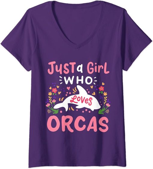 Womens Orca Whale Just A Girl Who Loves Orcas V-Neck T-Shirt