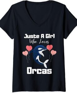 Womens Funny Just A Girl Who Loves Orcas Cute Orca Lover V-Neck T-Shirt