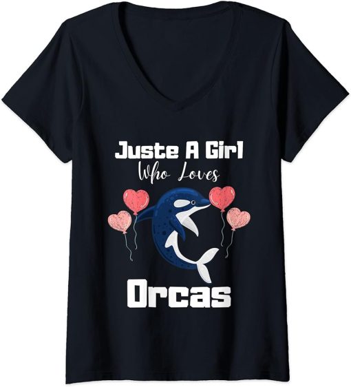 Womens Funny Just A Girl Who Loves Orcas Cute Orca Lover V-Neck T-Shirt