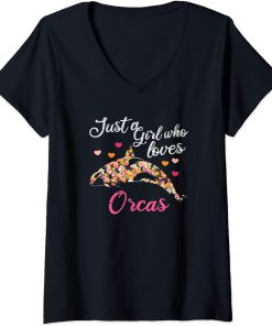 Womens Just a girl who loves orcas V-Neck T-Shirt