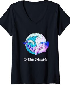 Womens British Columbia Japanese Paint Geometric Orca Killer Whale V-Neck T-Shirt