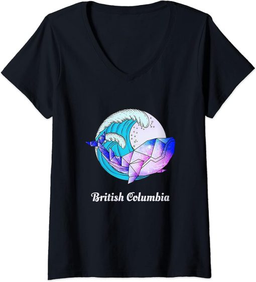 Womens British Columbia Japanese Paint Geometric Orca Killer Whale V-Neck T-Shirt