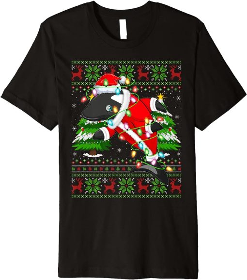 Orca Lover Xmas Lights Ugly Santa Orca Christmas Premium T-Shirt