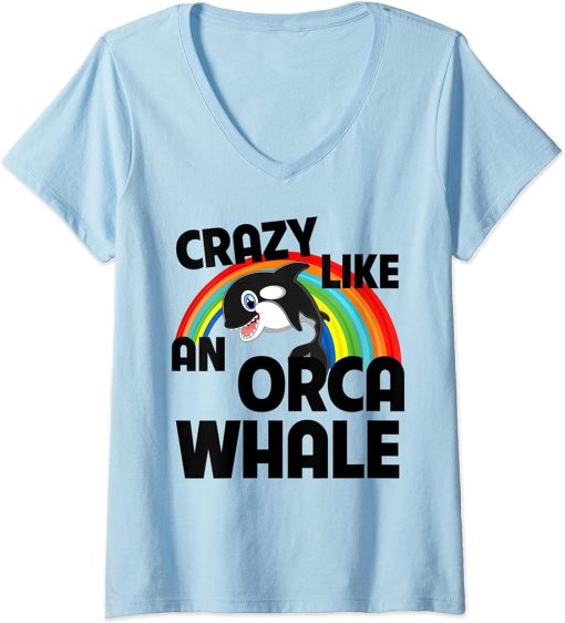 Womens Crazy Like An Orca Whale Watching Funny LGBTQ Rainbow Ocean V-Neck T-Shirt